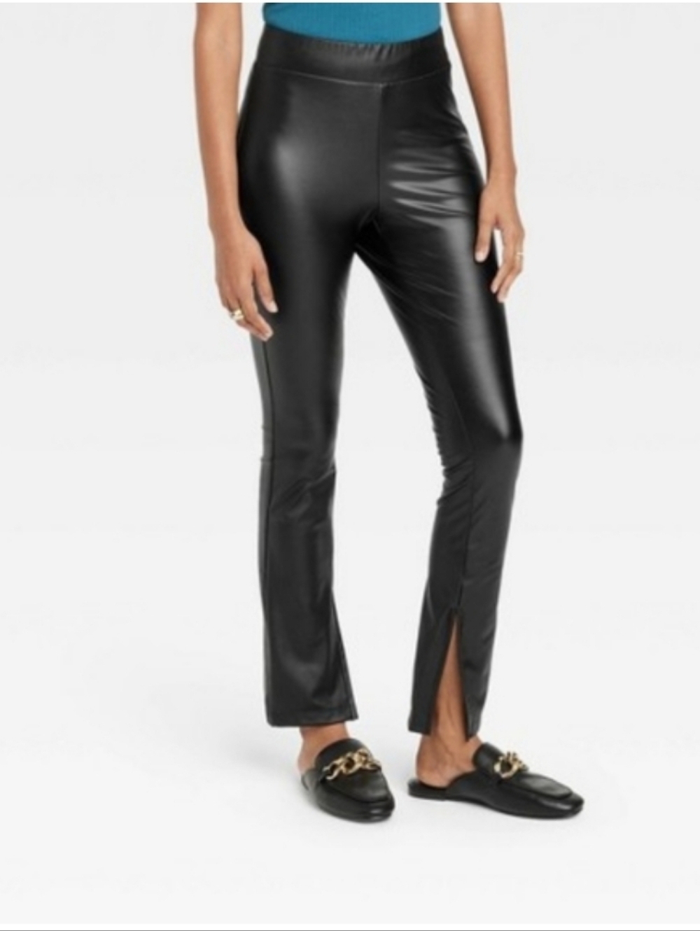 A New Day High Waisted Split Hem Black Faux Leather Laeggings. Size small. New